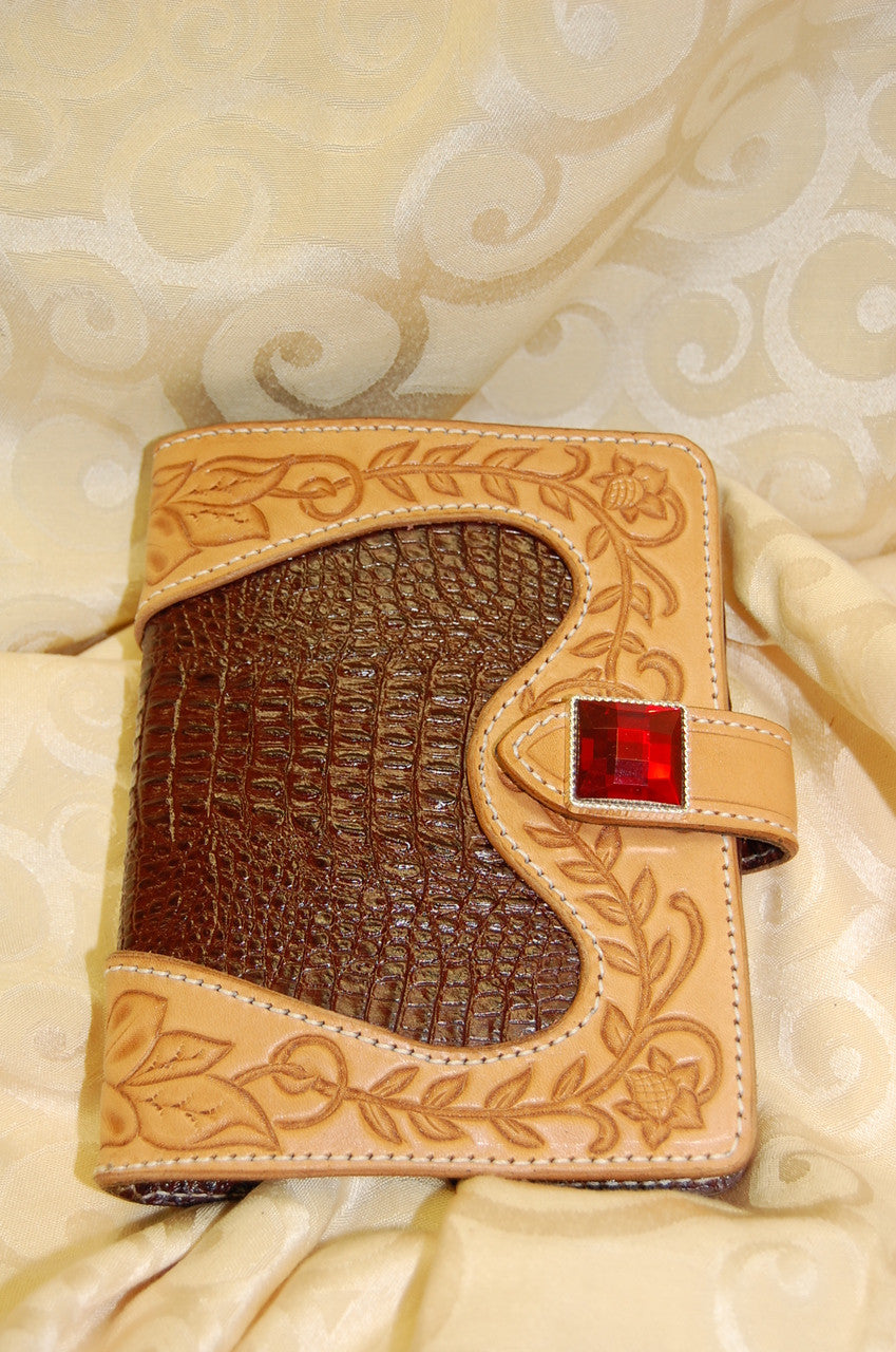 Hand tooled day planner with gator embossed inlay and snap closure