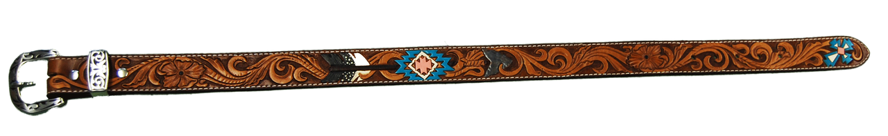 Hand tooled, dyed & painted 28" ladies / youth belt with stainless steel Jeremiah Watt buckle and loop