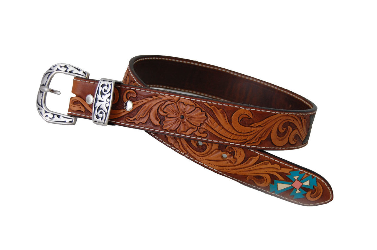 Hand tooled, dyed & painted 28" ladies / youth belt with stainless steel Jeremiah Watt buckle and loop