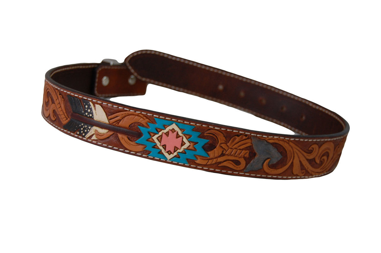 Hand tooled, dyed & painted 28" ladies / youth belt with stainless steel Jeremiah Watt buckle and loop