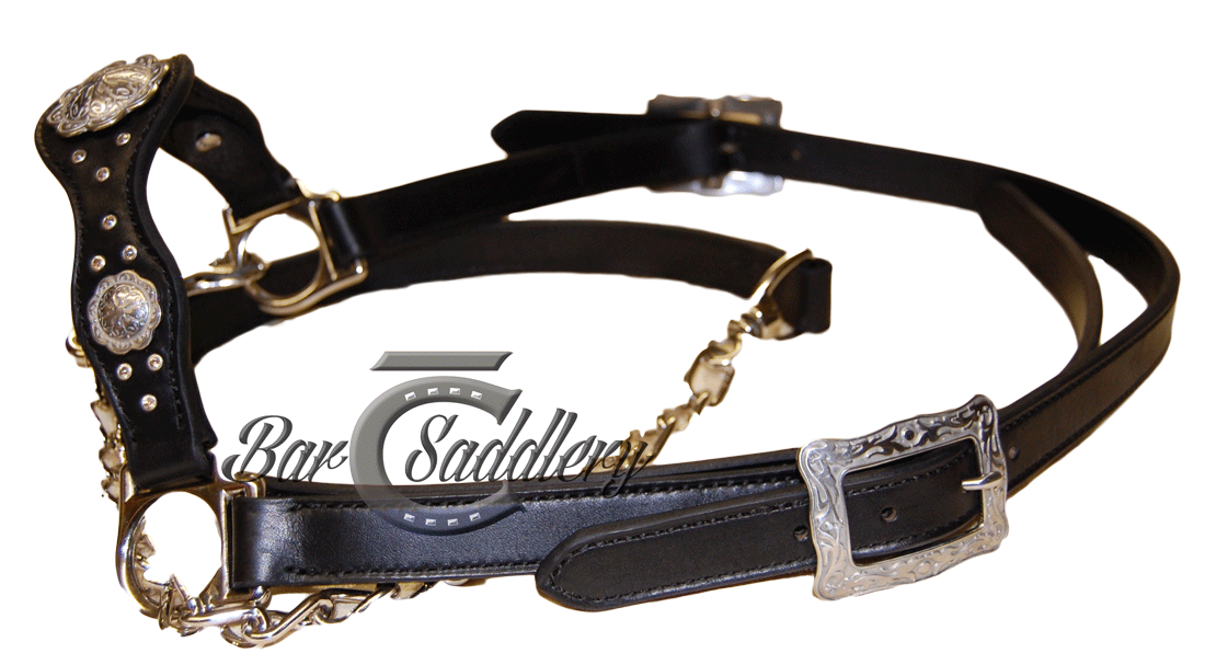 Cattle show halter with scalloped nose in black bridle leather with stainless steel hardware, stainless steel conchos and clear Swarovski crystals.