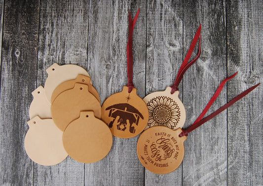 Genuine vegetable tanned tooling leather Christmas ornament blanks