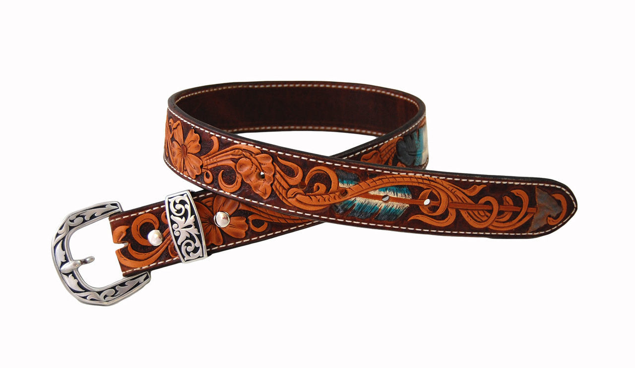 Hand Tooled , Dyed & Painted 28" Feather Belt with Buckle