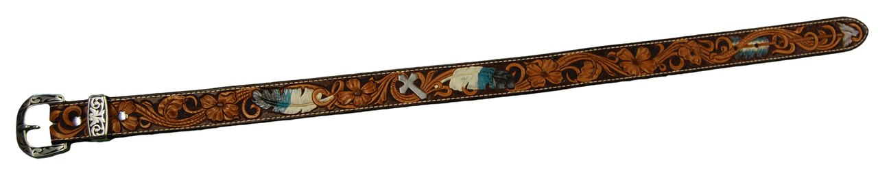 Hand Tooled , Dyed & Painted 28" Feather Belt with Buckle