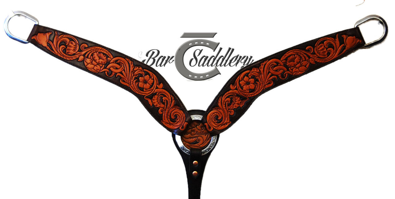 Beautifully hand tooled and dyed all around/roper style breast collar. 