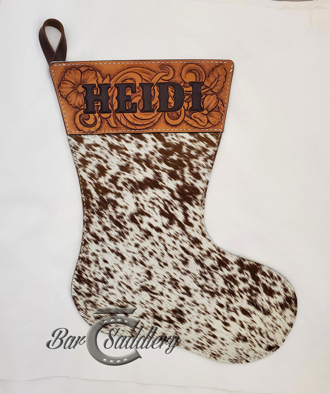 Light Brown speckled hair on hide custom genuine leather Christmas Stocking