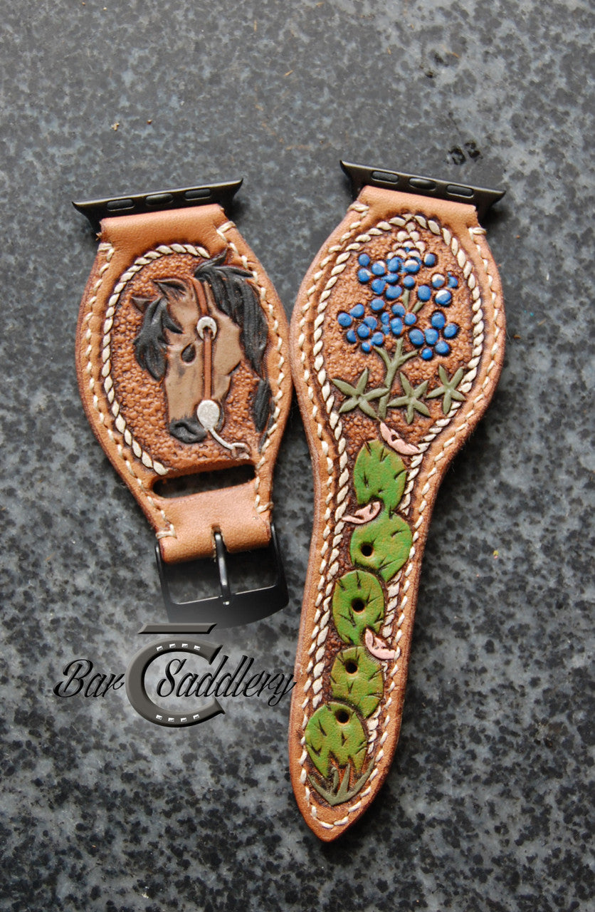 Custom design horse, cactus, blue bonnet , rope watch band