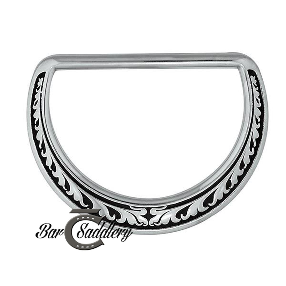 Stainless steel saddle dees. Floral with black accents. Horse Shoe brand by Jeremiah Watt