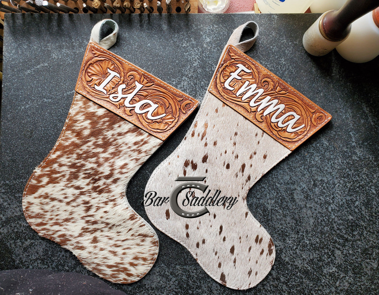 Light brown speckled and rose gold acid wash genuine hair on hide custom leather Christmas Stockings