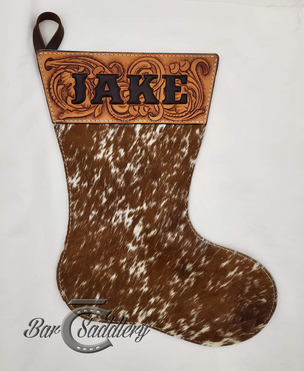 Dark Brown speckled hair on hide custom genuine leather Christmas Stocking