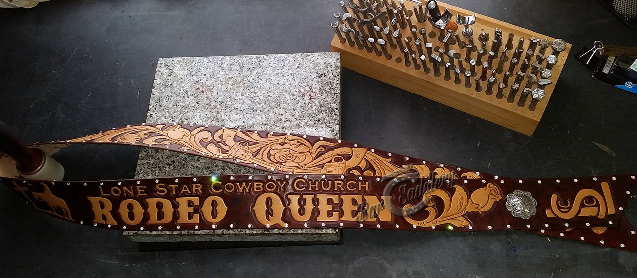 Rodeo Queen fully tooled and reverse dyed with Swarovski crystal border