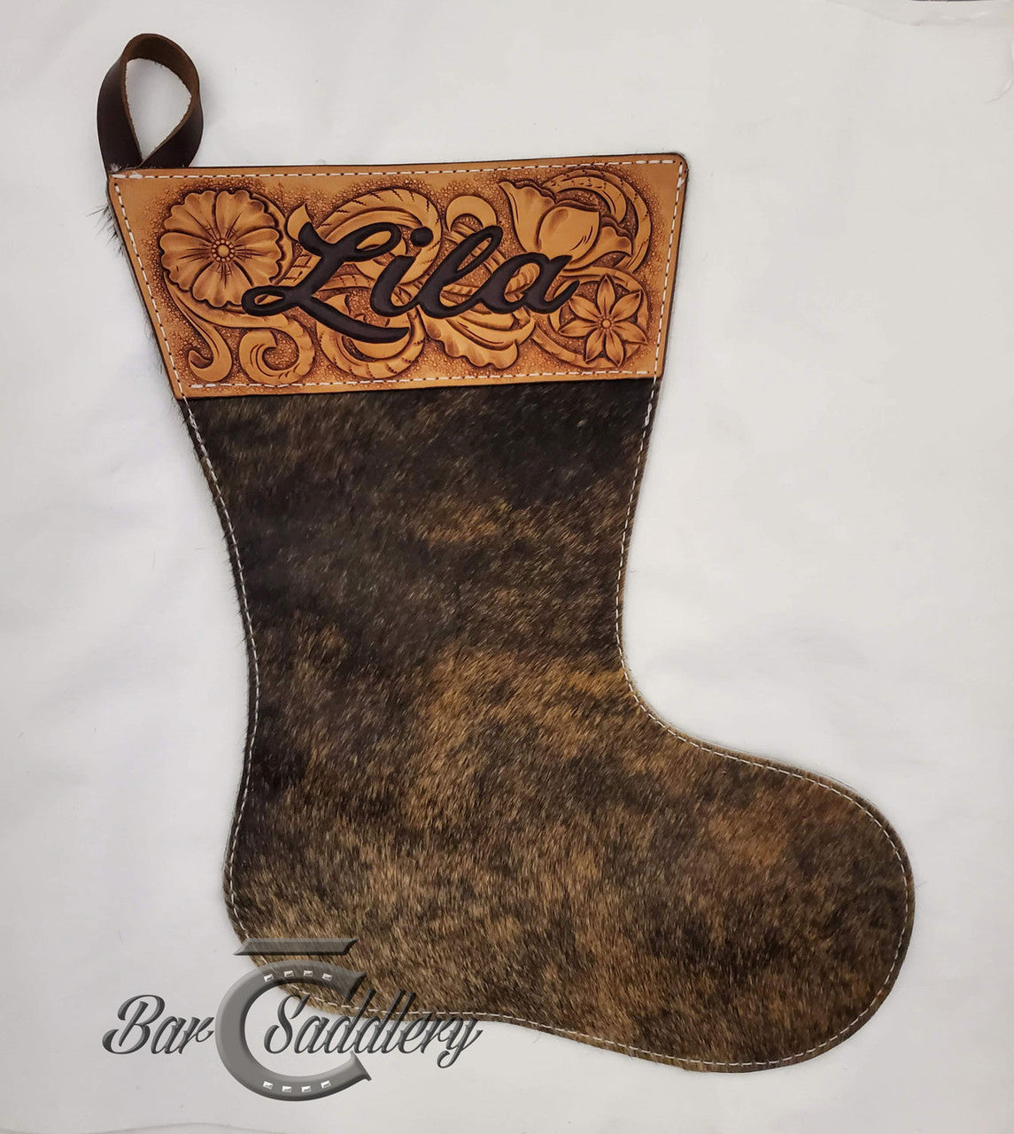 Dark Brindle Hair On Hide Christmas Stocking. Custom Made, Hand tooled top