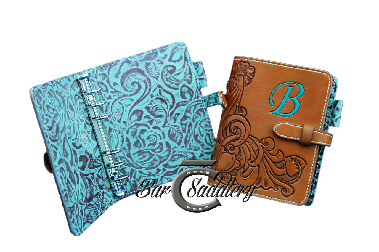 Custom hand tooled day planner, hand crafted in the USA with American, Hermann Oak genuine leather  