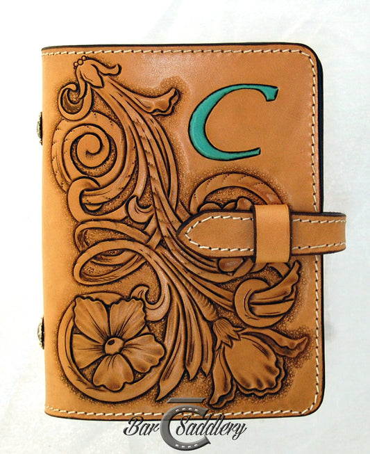 Custom hand tooled day planner, hand crafted in the USA with American, Hermann Oak genuine leather  