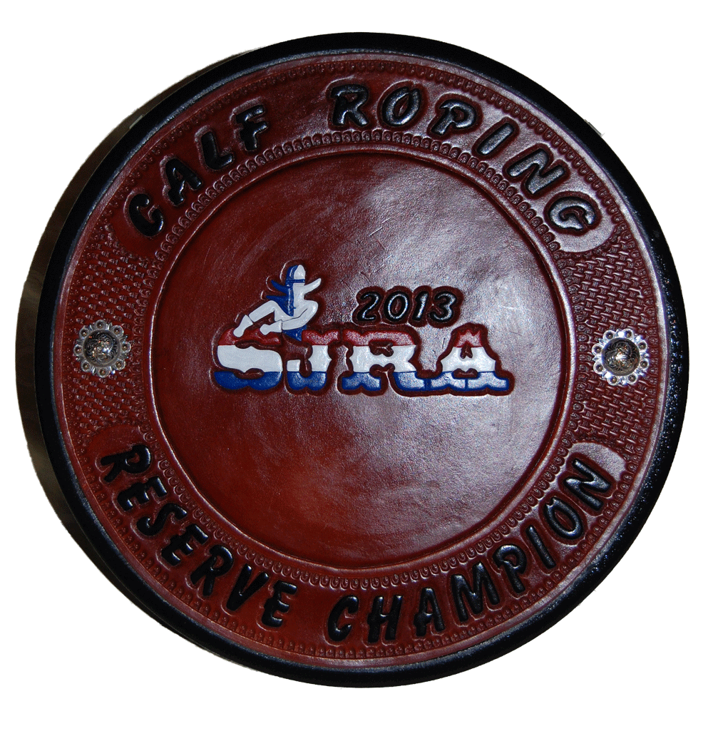 Rope Can with customized award leather panel - hand tooled and painted logo and hand tooled and dyed lettering with basket weave and dark oil finish