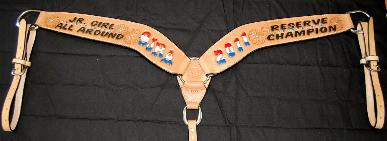 All Around Roper custom leather breast collars can be tailored to fit your style and budget needs.  If you have any questions, please feel free to contact us.  Orders of 6 or more automatically receive discounted pricing through the site.  Don't forget to check out our other custom leather western tack and other awards.