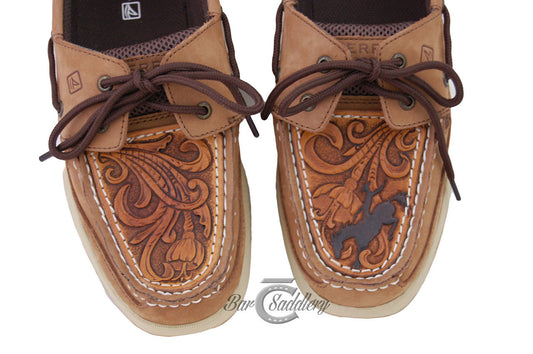 Custom tooled leather shoe / moc / Sperry toppers with bronc.  Sewn onto your shoes (not just glued)