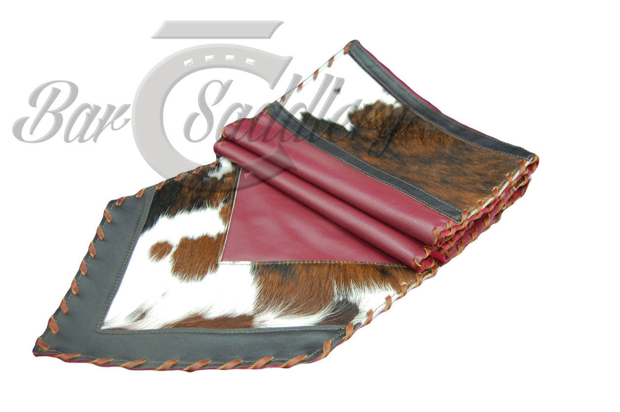 Genuine leather table runner with hair-on tri-colored hide 