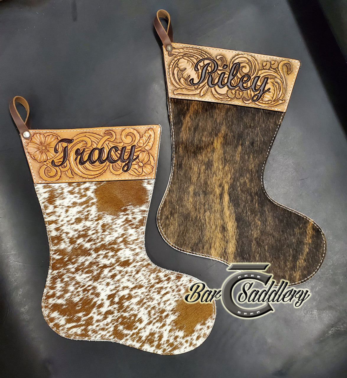 Dark Brindle and Brown speckle genuine hair on hide, custom leather, hand tooled Christmas stockings