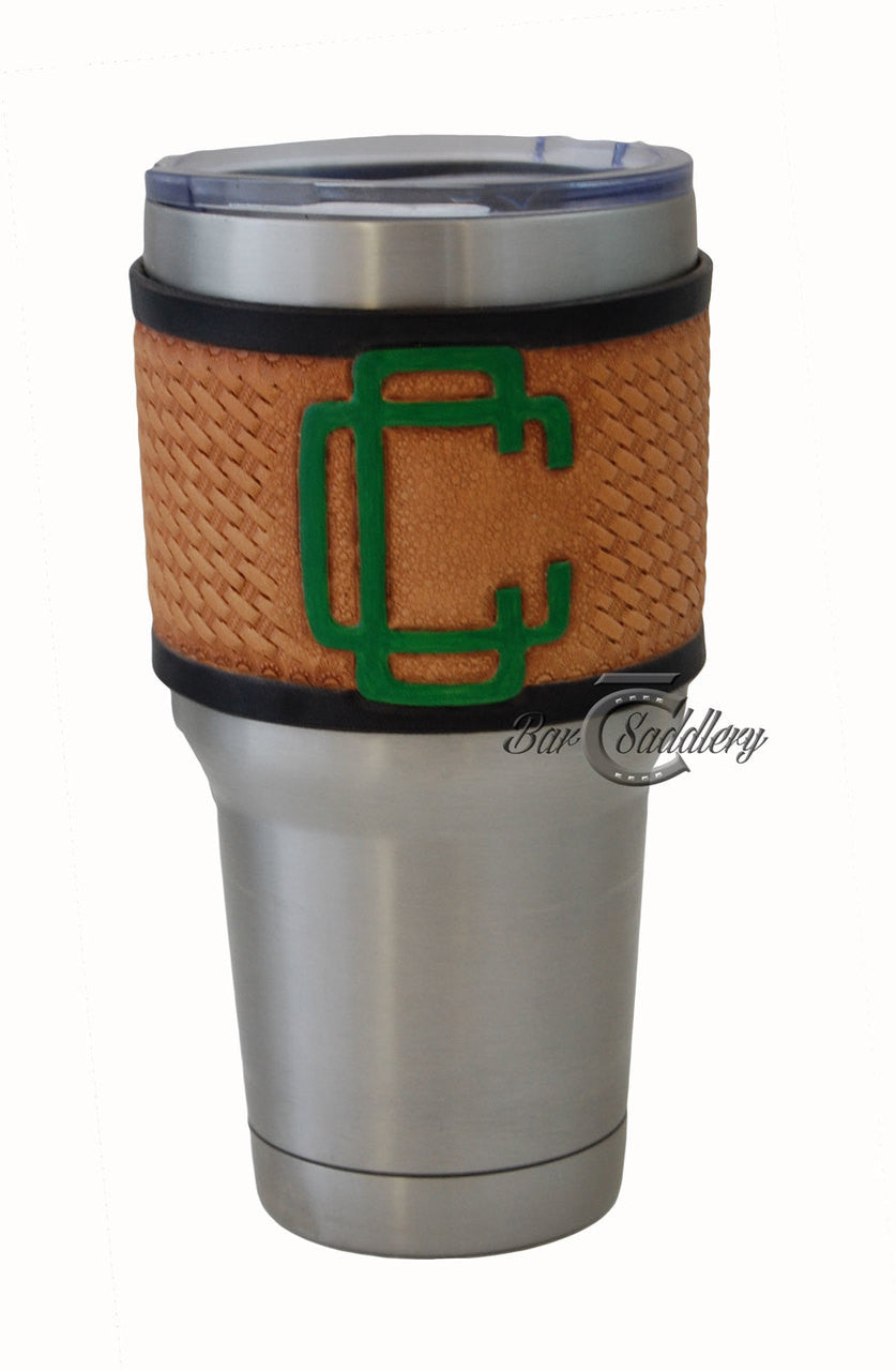 Basket weave background, painted logo and dyed border on 30oz Yeti tumbler