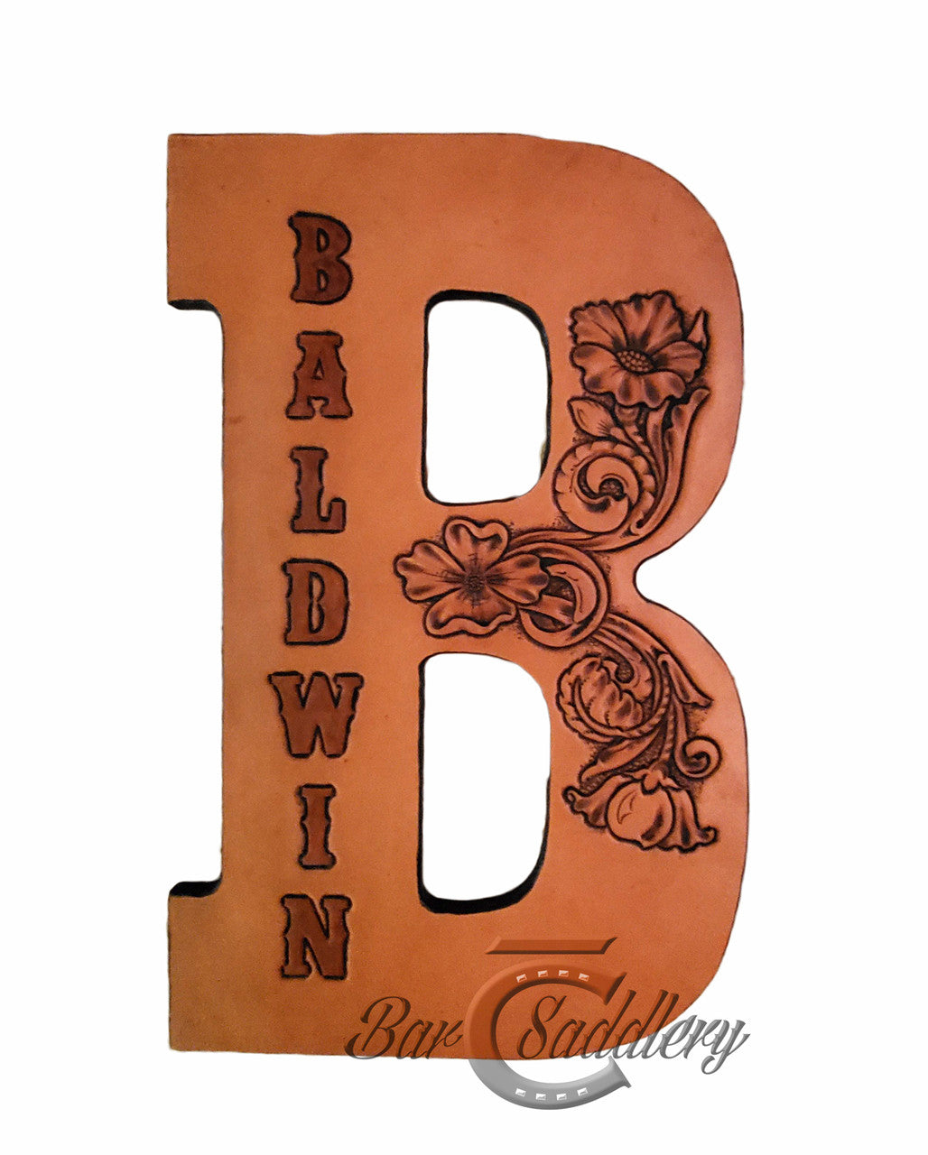 Hanging custom tooled leather wall letter.  Made with premium, domestic, Hermann Oak tooling leather.  