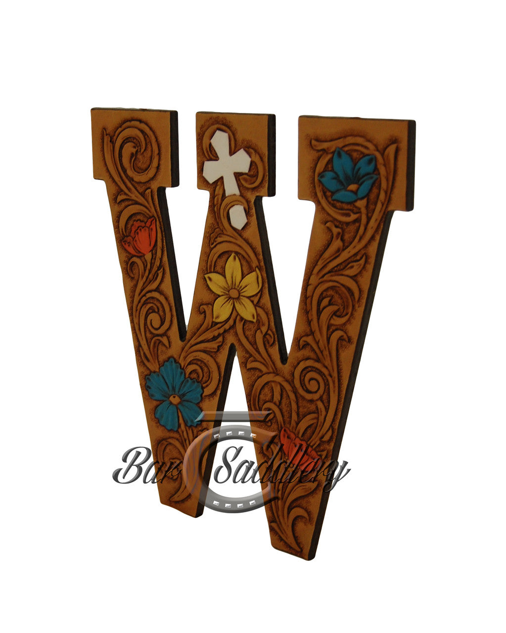 Hanging custom tooled leather wall letter.  Made with premium, domestic, Hermann Oak tooling leather.  