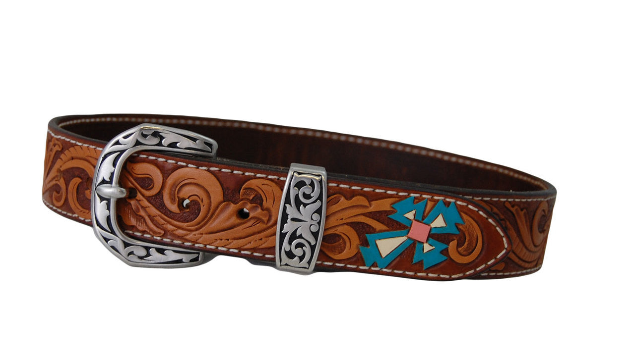 Hand tooled, dyed & painted 28" ladies / youth belt with stainless steel Jeremiah Watt buckle and loop