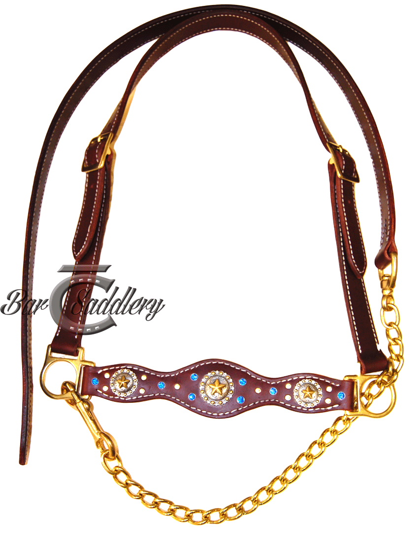 Cattle show halter with scalloped nose in burgundy bridle leather with brass hardware, silver and brass star conchos, spots and blue Swarovski crystals.