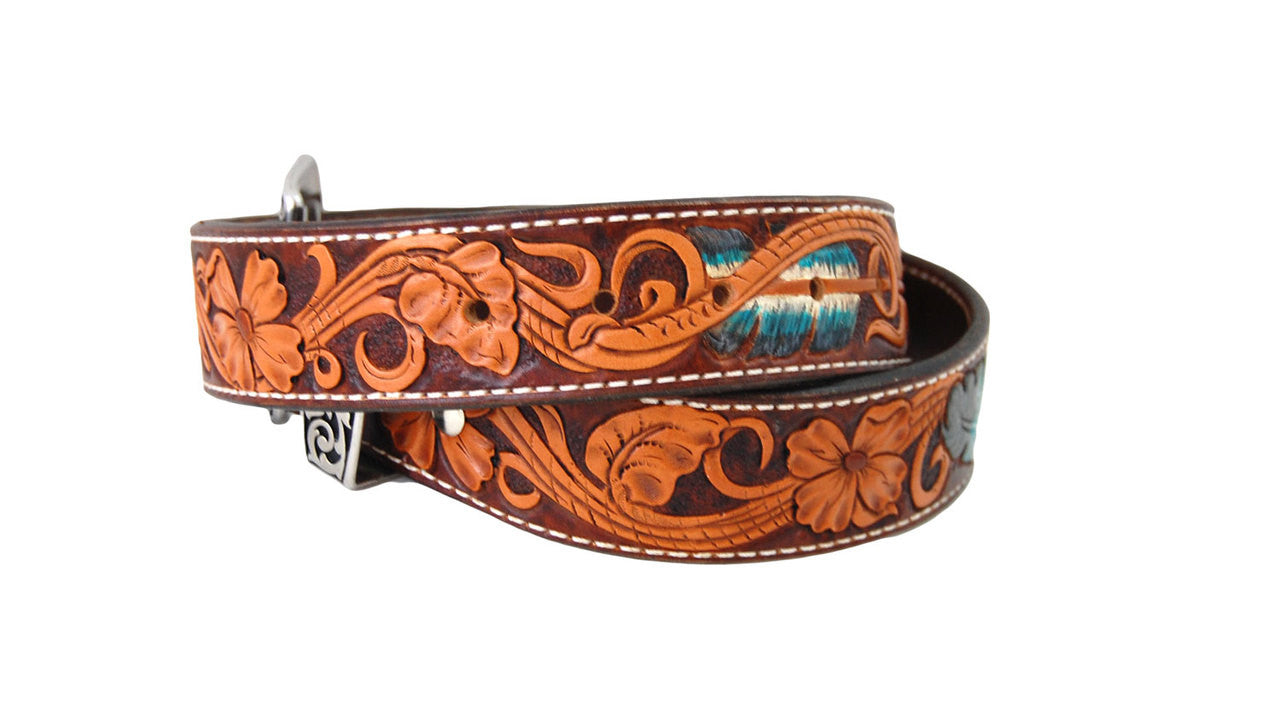 Hand Tooled , Dyed & Painted 28" Feather Belt with Buckle