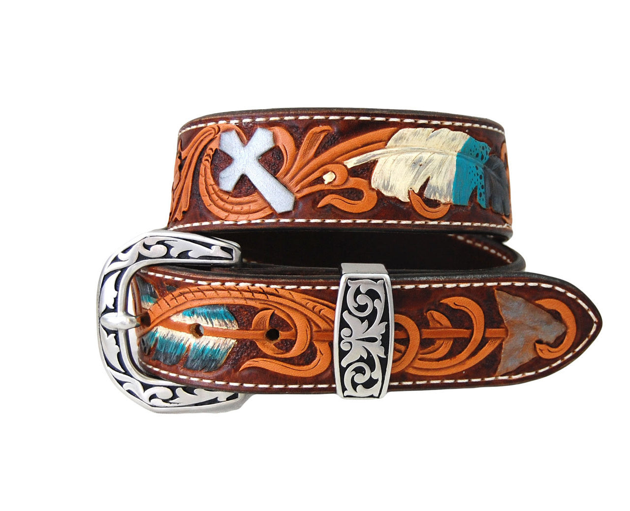 Hand Tooled , Dyed & Painted 28" Feather Belt with Buckle