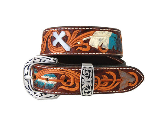 Hand Tooled , Dyed & Painted 28" Feather Belt with Buckle