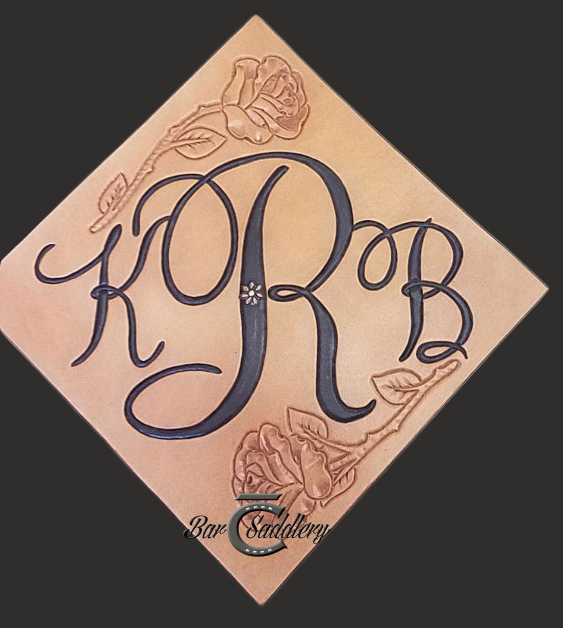 Monogram with roses - hand tooled  and dyed graduation cap  / mortarboard topper with concho for tassel