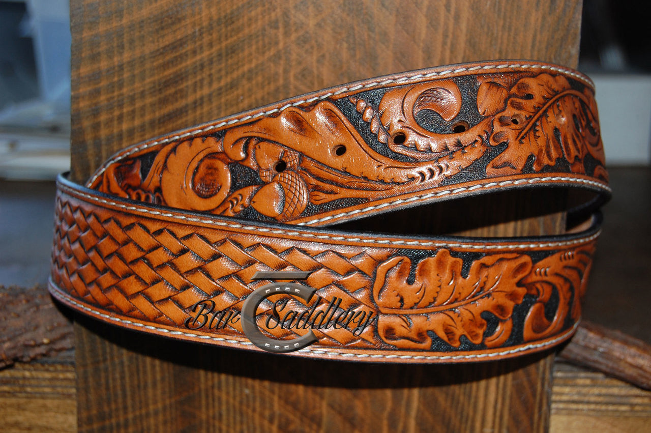 Fully hand tooled and dyed with floral and tooled basket weave